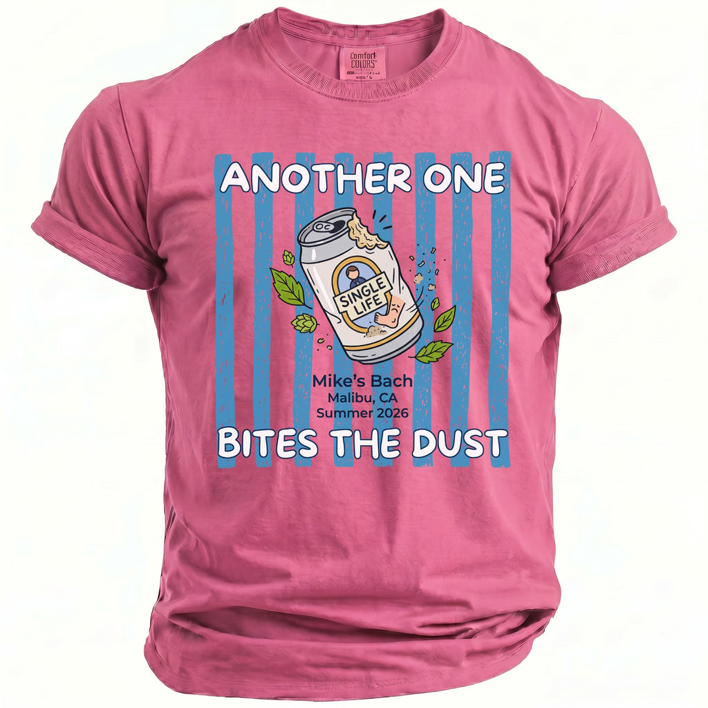 Pink t-shirt with "Another One Bites the Dust" and a beer can illustration.