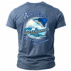 Shirt with graphics: a sailfish caught one, Bahamas, a shark, and text.