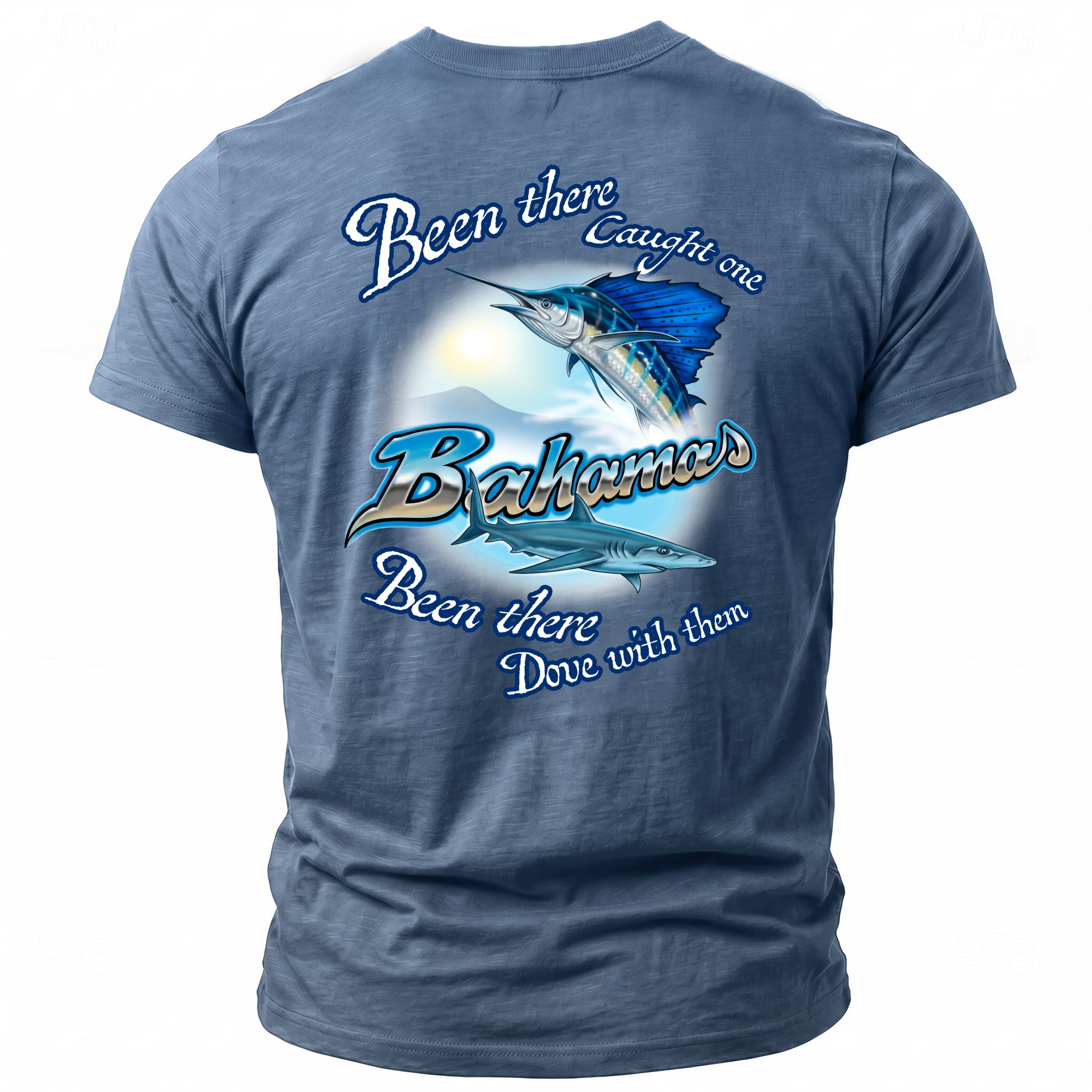 Shirt with graphics: a sailfish caught one, Bahamas, a shark, and text.