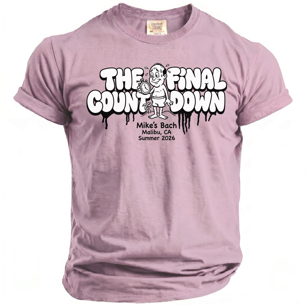 Pink t-shirt with "The Final Countdown" graphic and Bach event details.