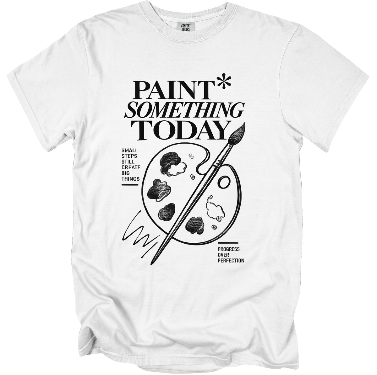 White t-shirt with black graphic of a paint palette, brush, and text.