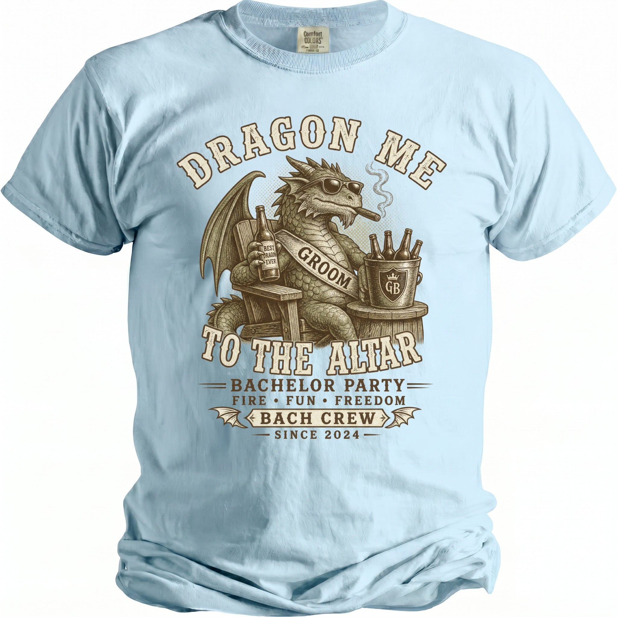 Dragon smoking cigar and wearing sunglasses, with text "Dragon Me to the Altar Bach Crew".