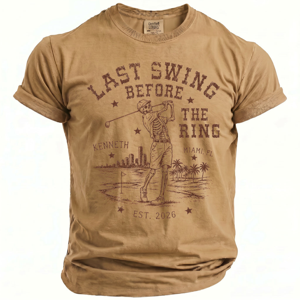T-shirt with skeleton golfer graphic and text "Last Swing Before The Ring".