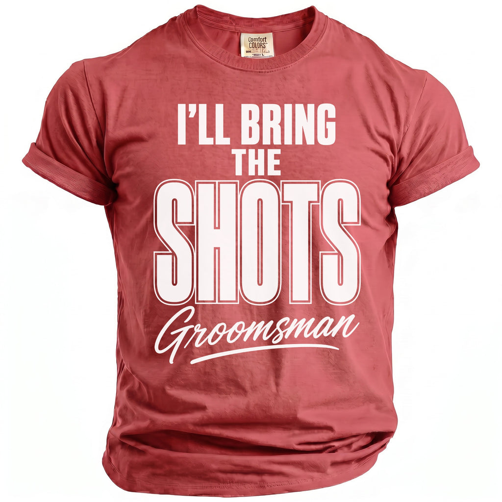 Red t-shirt with "I'll Bring The Shots Groomsman" text in white.