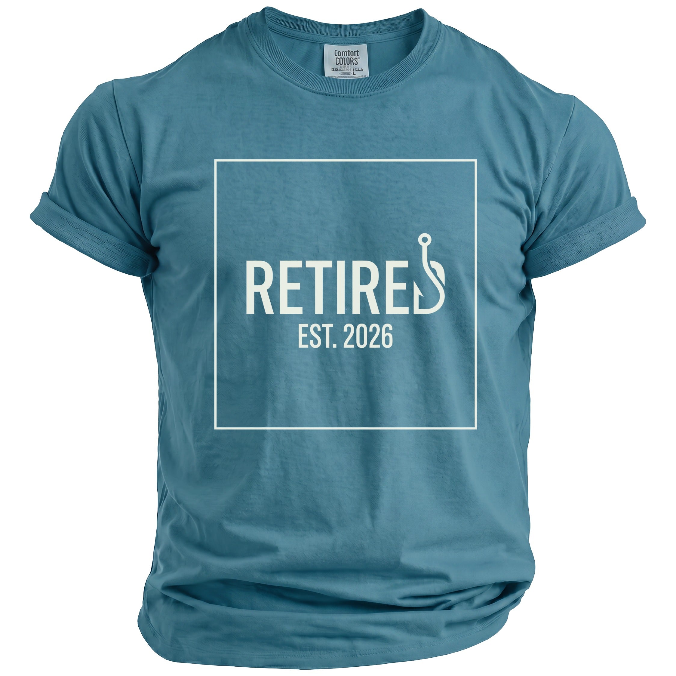 Blue t-shirt with "Retired Est. 2026" and fishing hook graphic.
