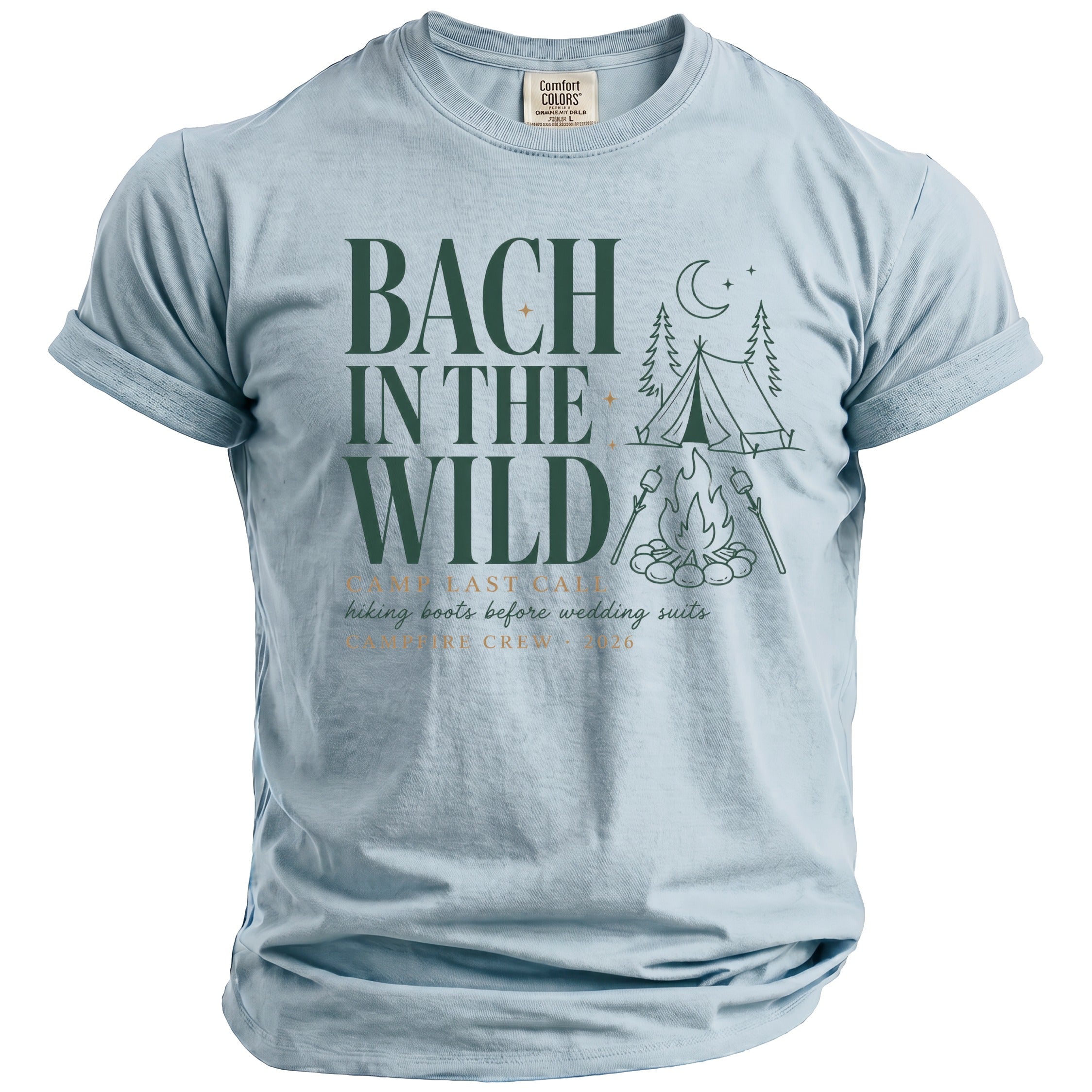 Light blue t-shirt with "Bach in the Wild" and camping graphic.