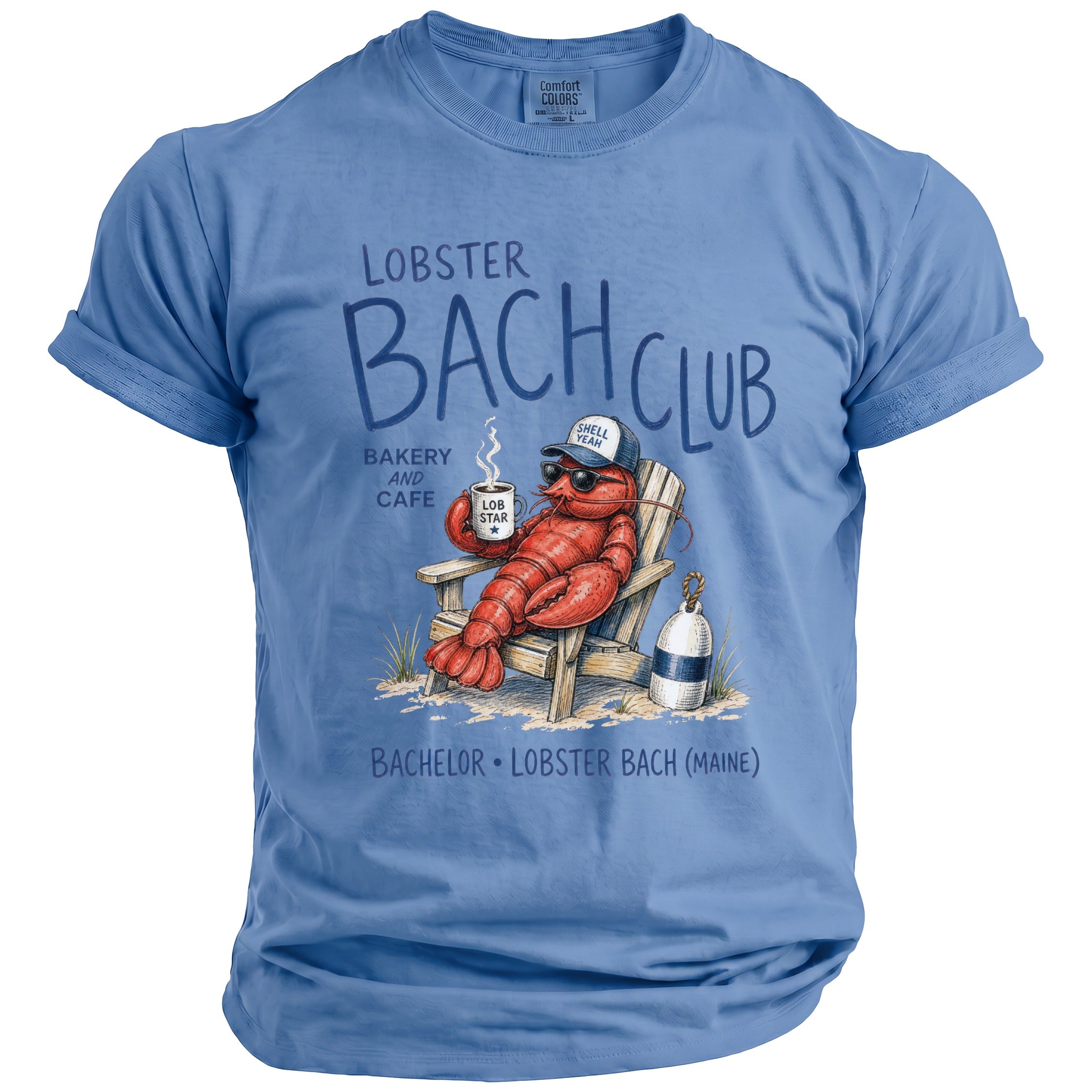 Lobster Bach Club graphic with lobster drinking coffee on a beach chair.