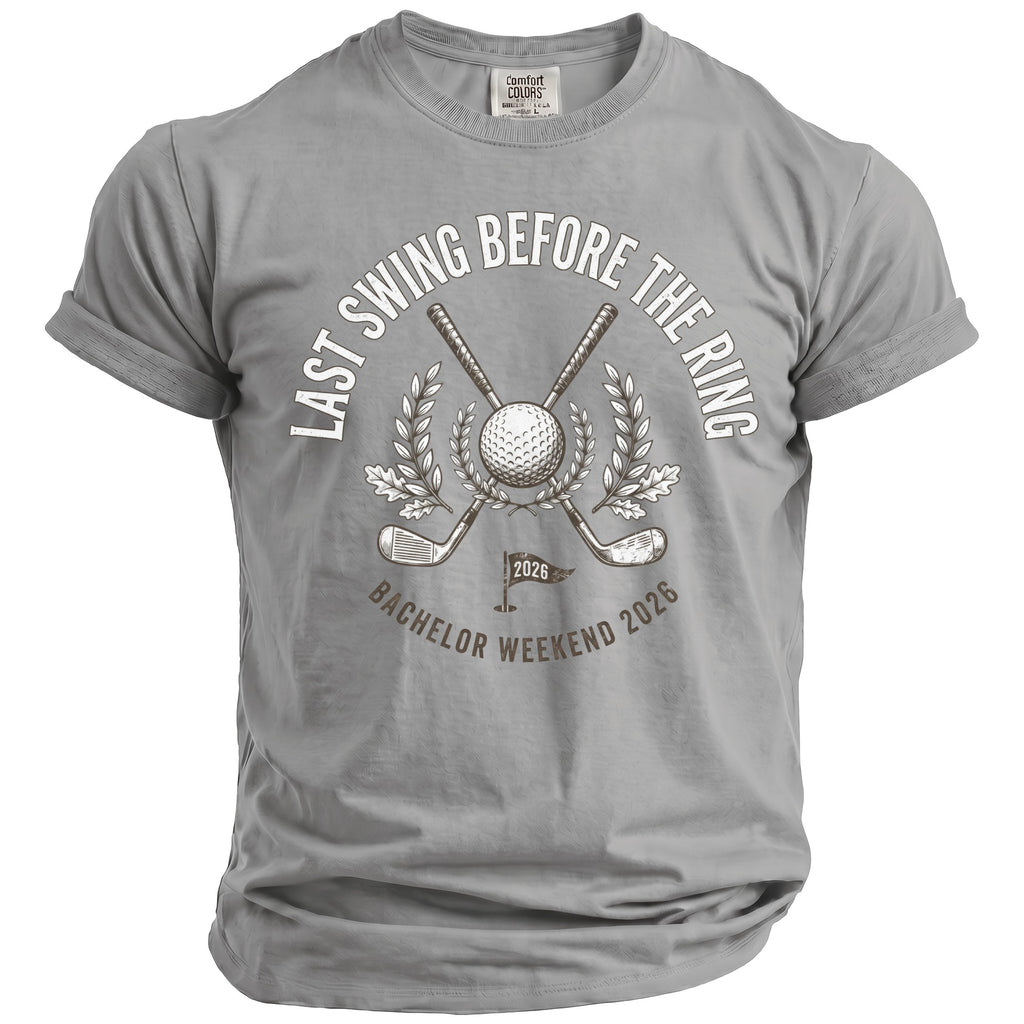 "Last Swing Before the Ring" graphic with golf club, ball, and "Bachelor Weekend 2026."