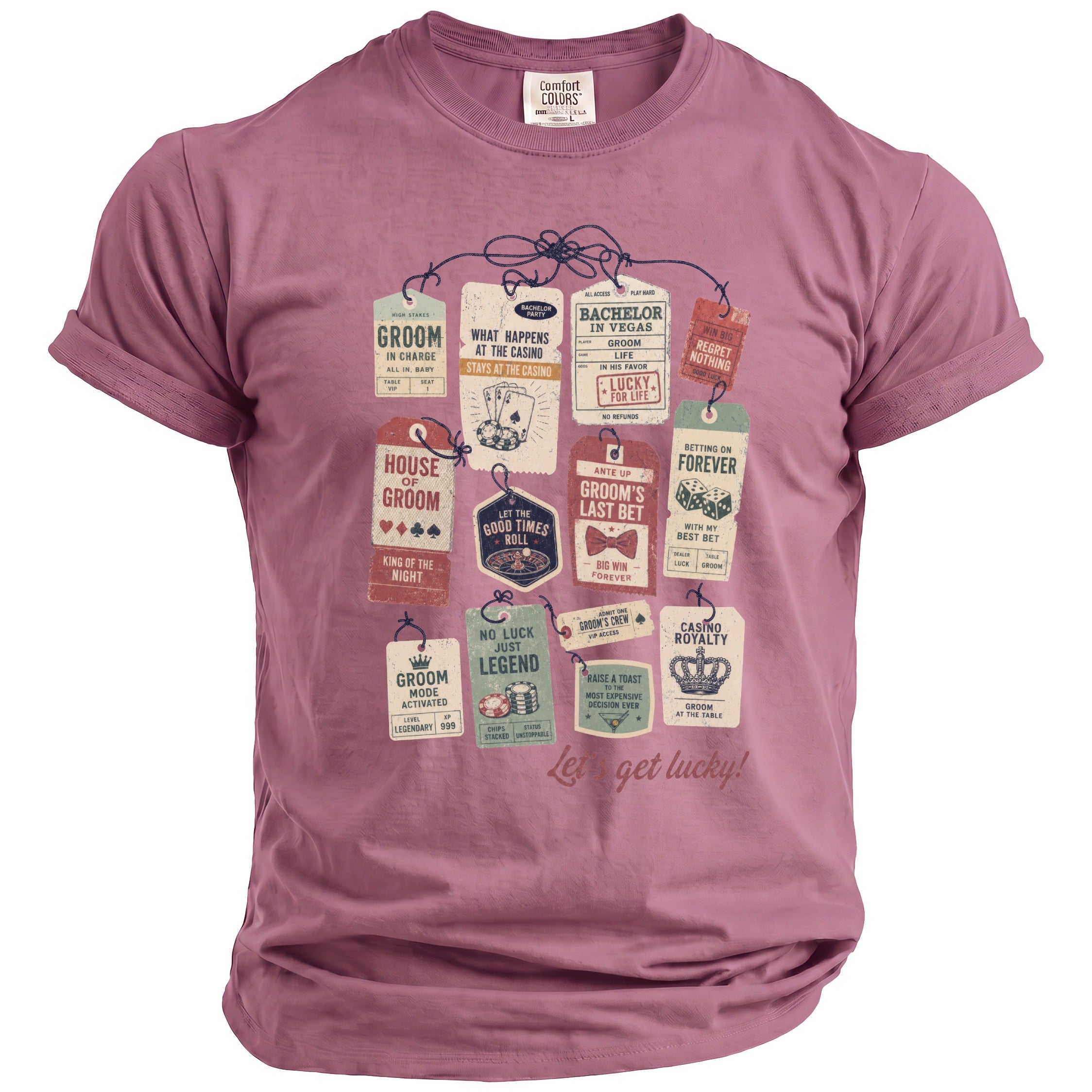 Pink t-shirt with casino-themed tags and "Let's get lucky!" text.