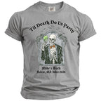 Grey t-shirt with skeleton in suit holding green drink. "Til Death Do Us Party Mike's Bach Salem, MA October 2026."
