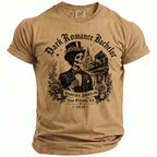 T-shirt with skeleton in suit and hat, "Dark Romance Bachelor" text, New Orleans scene, and date.