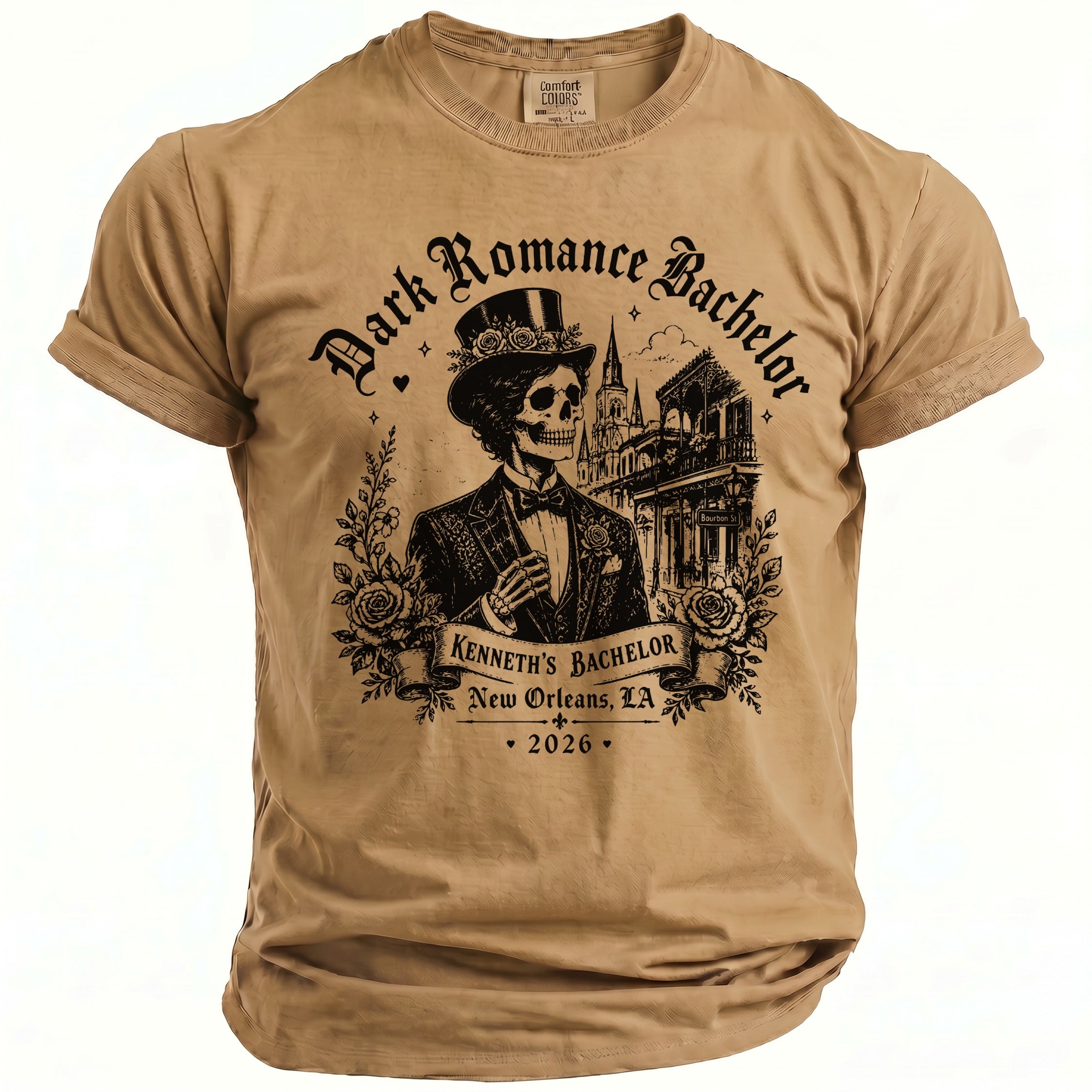 T-shirt with skeleton in suit and hat, "Dark Romance Bachelor" text, New Orleans scene, and date.