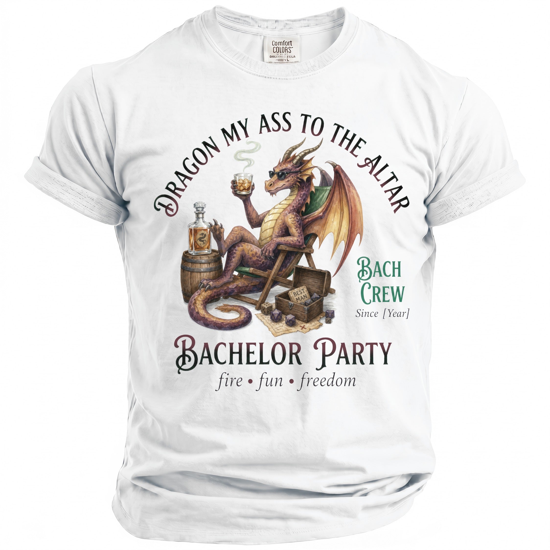 White t-shirt with dragon and "Dragon My Ass to the Altar" text.