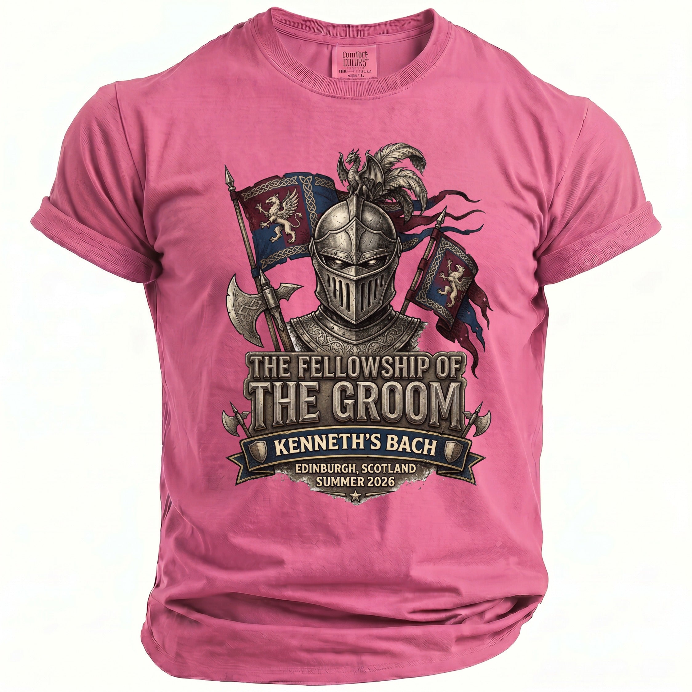 Pink t-shirt with knight, flags, and "The Fellowship of the Groom Kenneth's Bach".