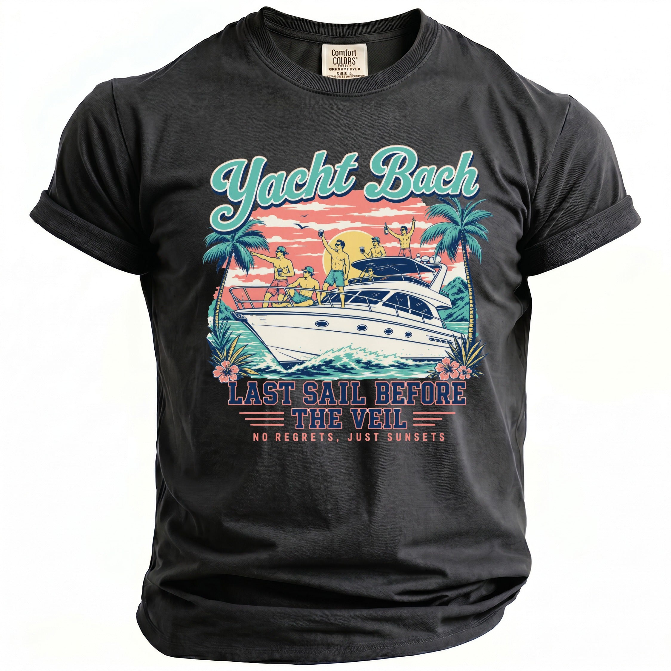 A dark gray t-shirt with a vintage-style graphic of men on a yacht at sunset, featuring the text "Yacht Bach," "Last Sail Before The Veil," and "No Regrets, Just Sunsets."