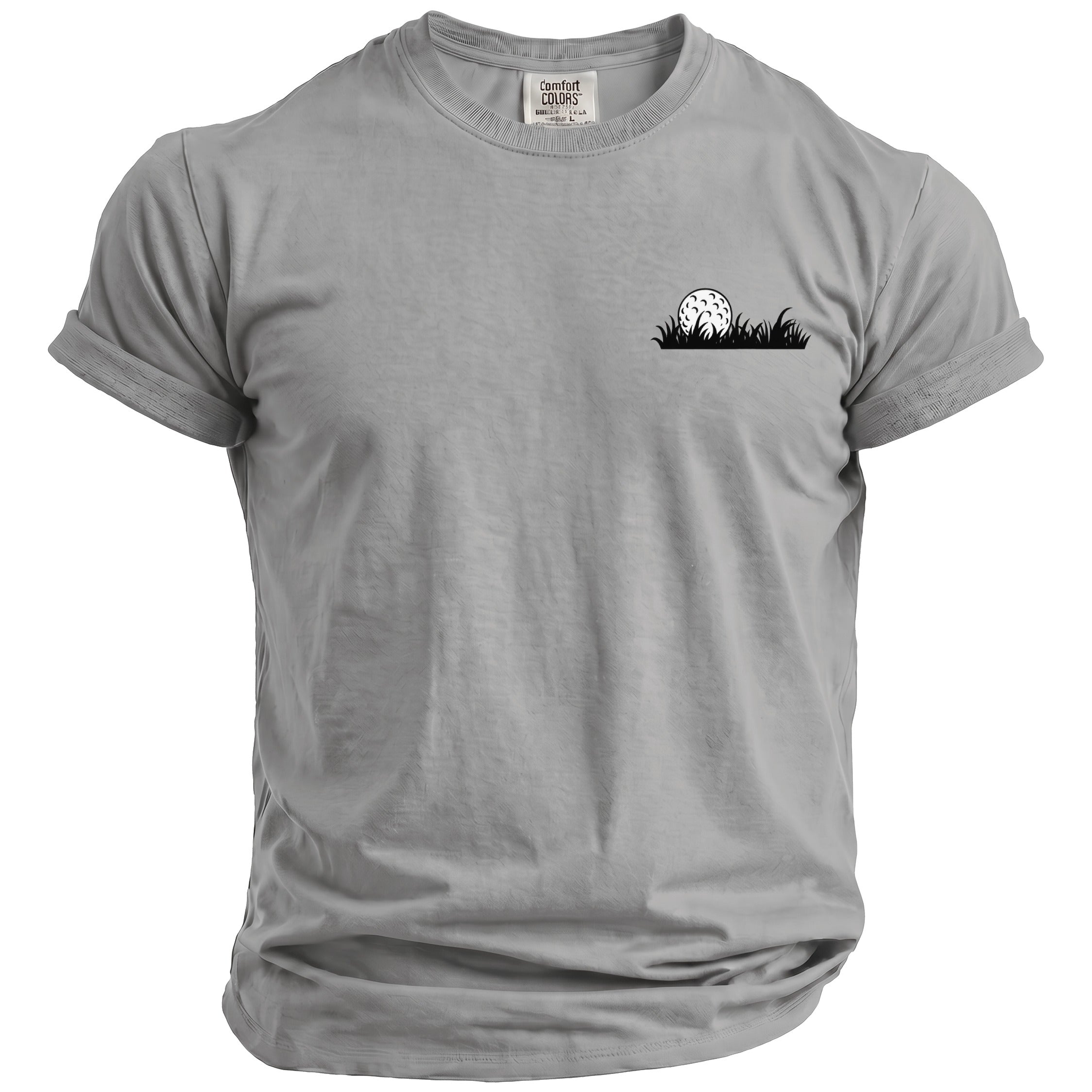Gray t-shirt with a black golf ball and grass graphic on the chest.