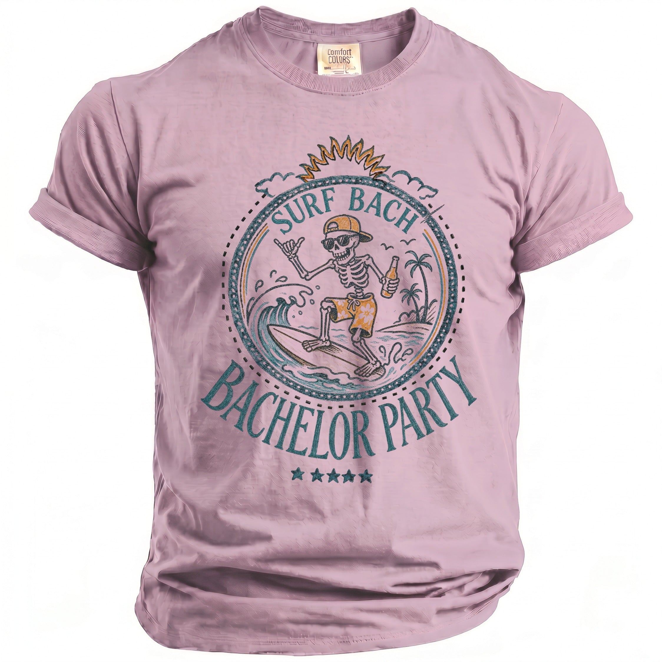 Pink t-shirt with skeleton surfing graphic and "Surf Bach Bachelor Party" text.