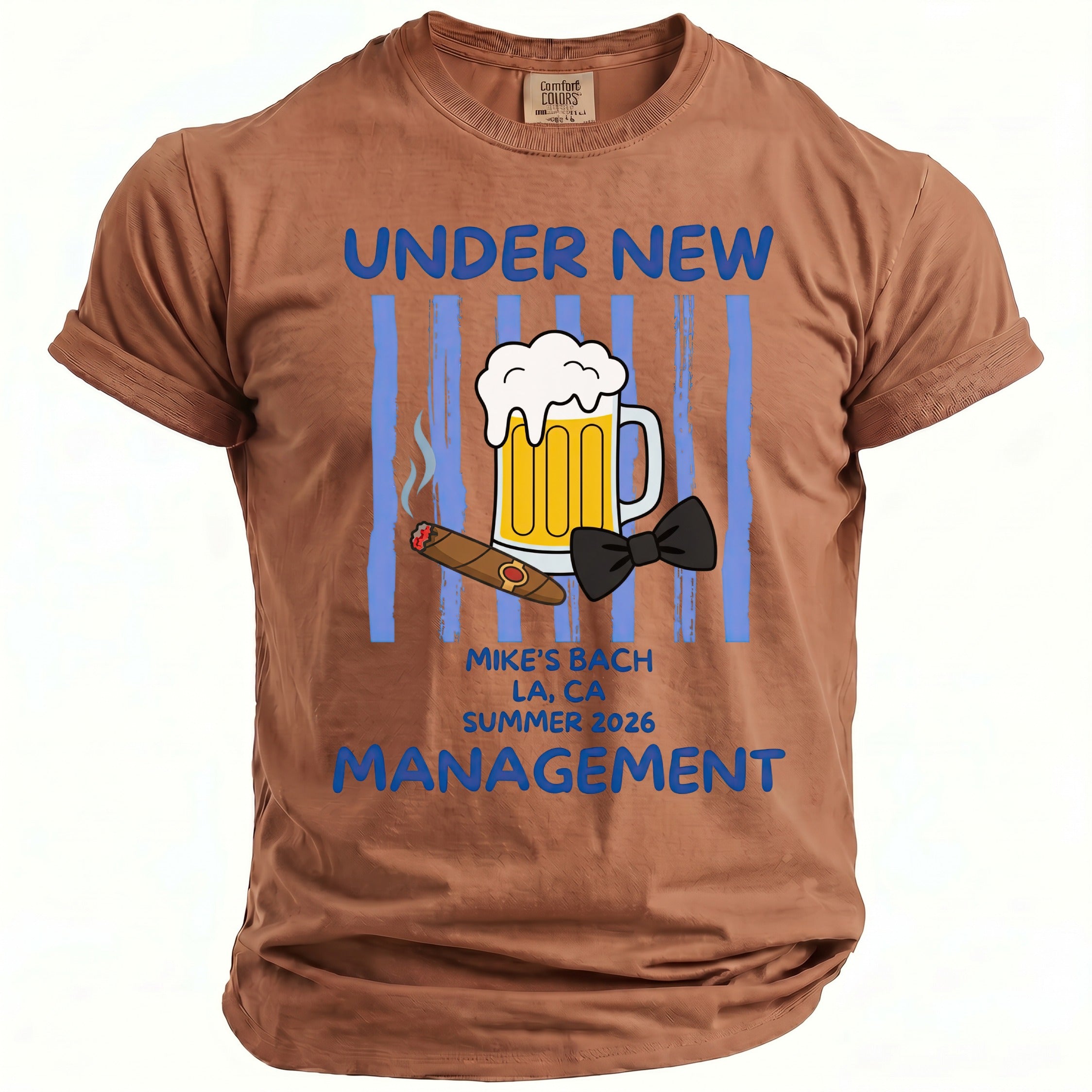 Brown t-shirt with "UNDER NEW MANAGEMENT" and beer, cigar, bow tie graphic.