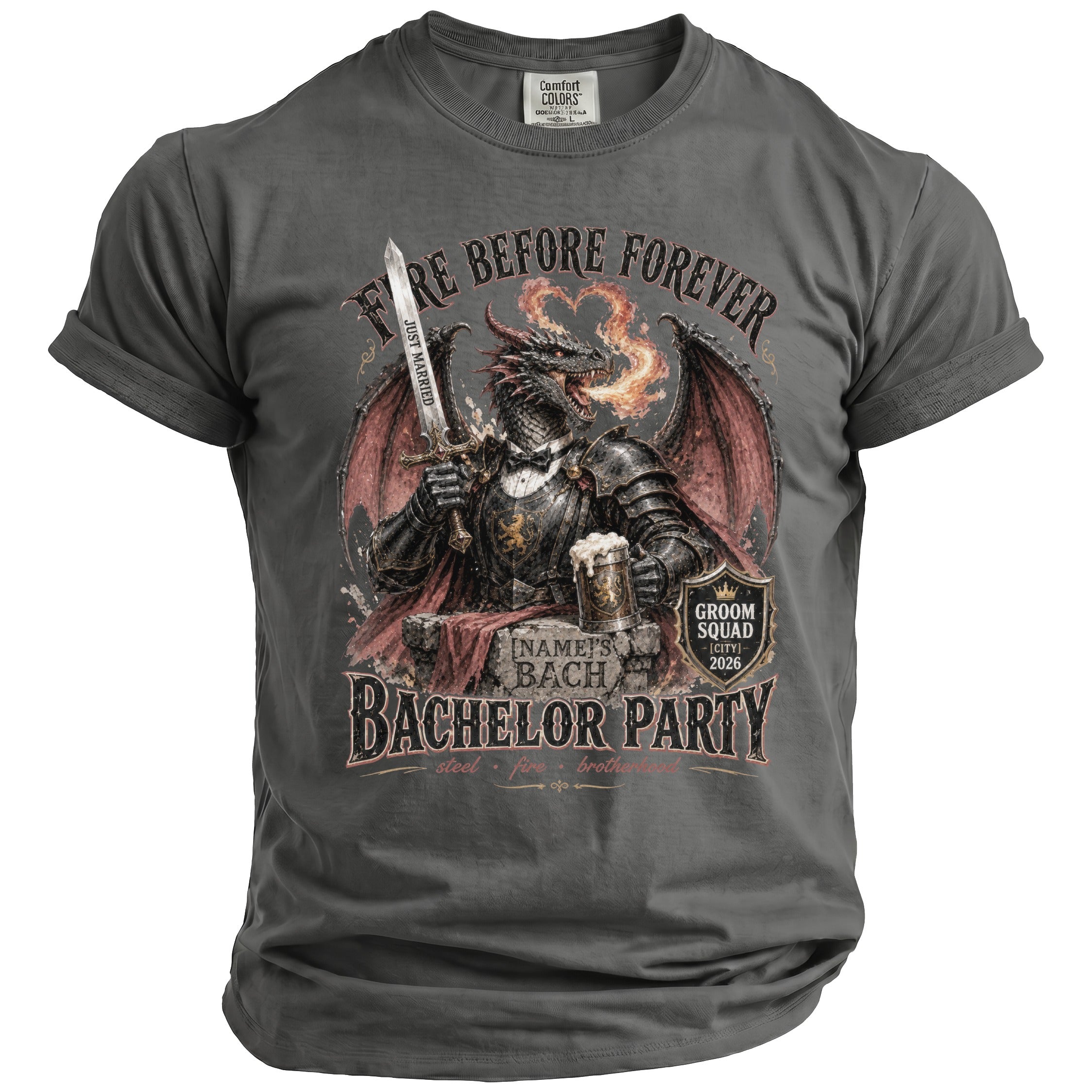 Dragon in armor holding sword and beer, with text "Fire Before Forever" and "Bachelor Party".