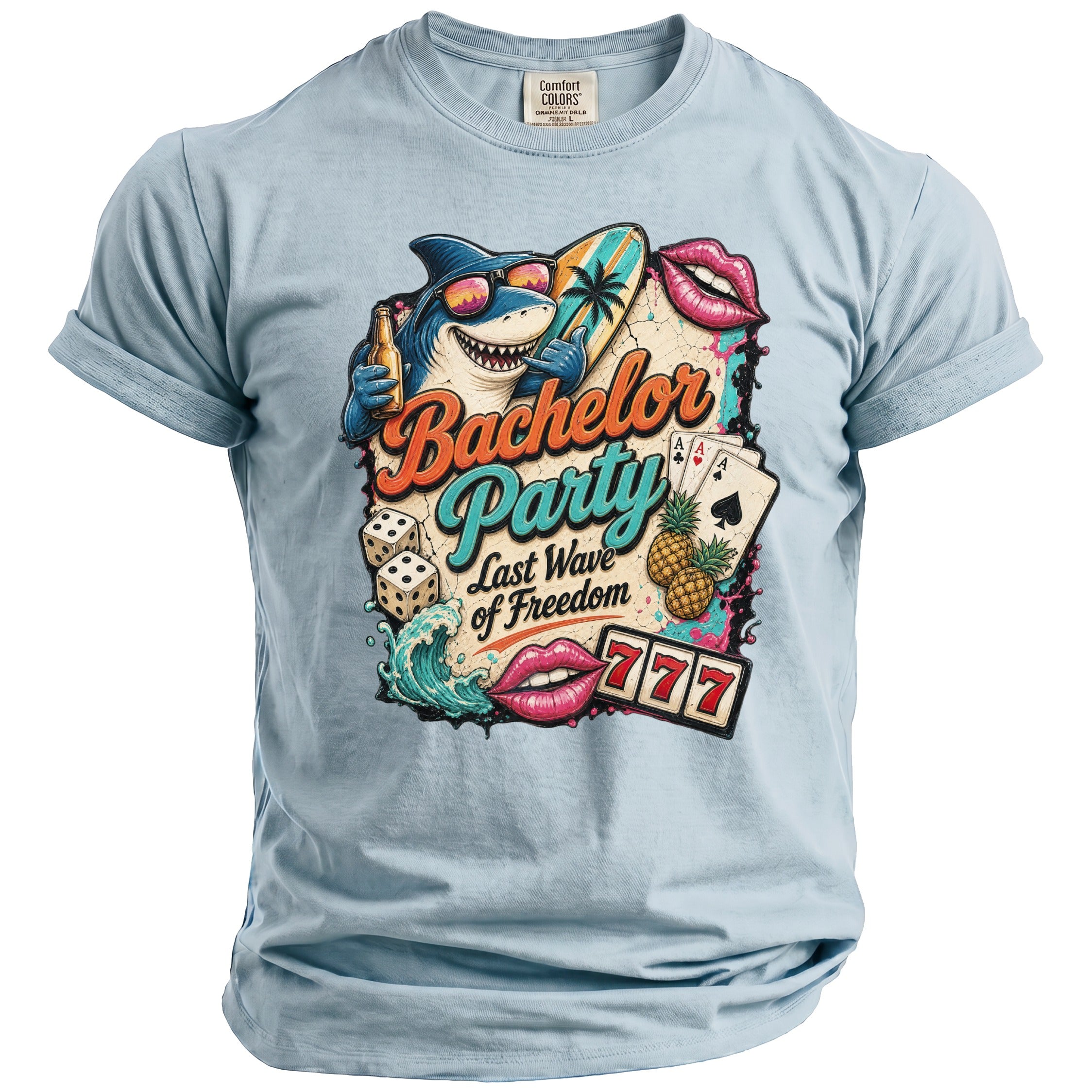 Light blue t-shirt with Bachelor Party graphic featuring a shark, surfboard, dice, cards, and lips.