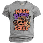 T-shirt graphic with jack-o'-lantern, guitar, and text "NASH BACH SCENE".