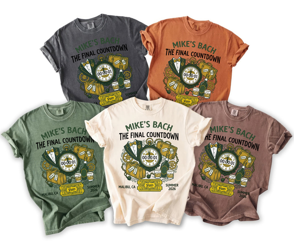 T-shirts with "Mike's Bach The Final Countdown" graphic in various colors.