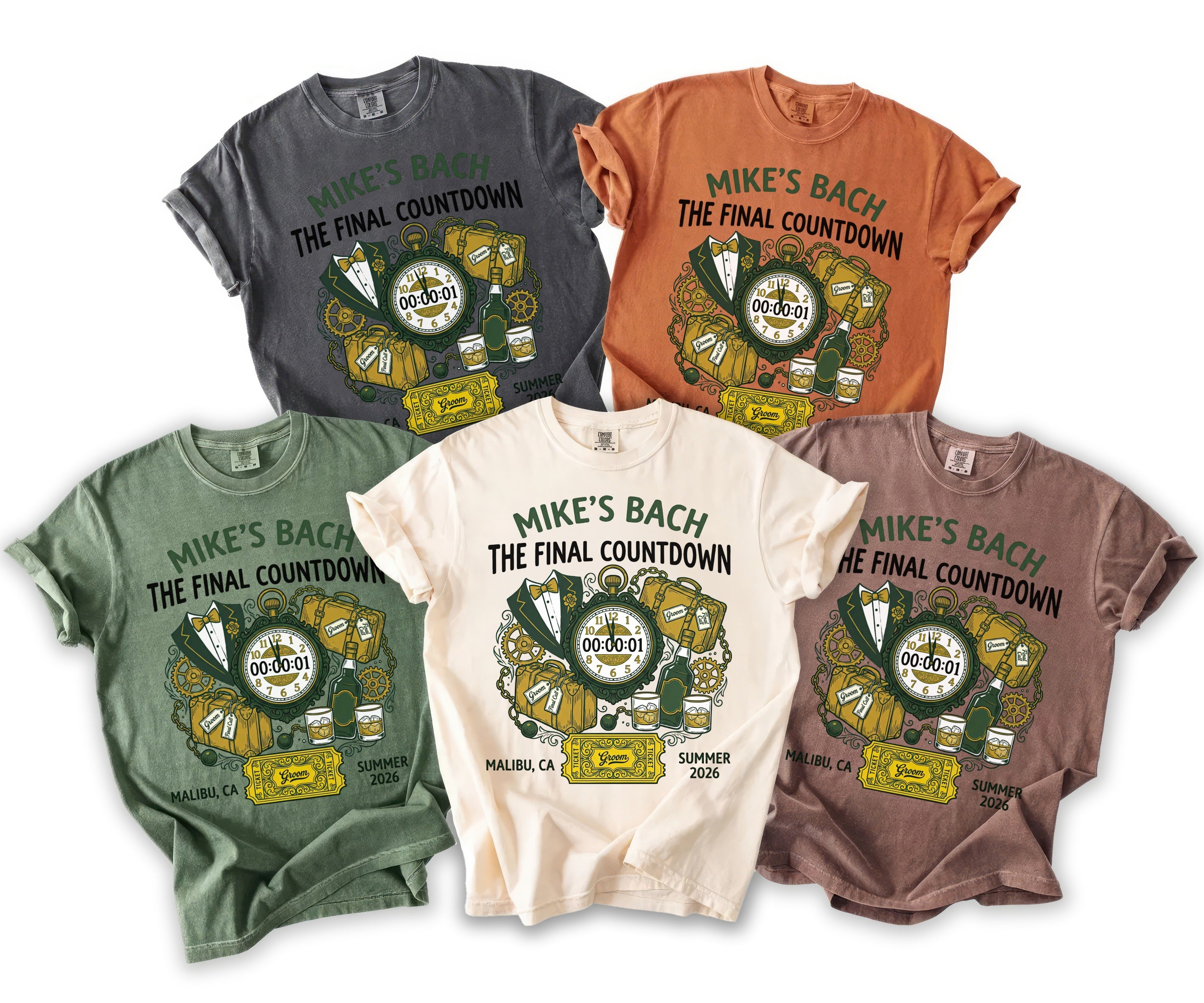 T-shirts with "Mike's Bach The Final Countdown" graphic in various colors.