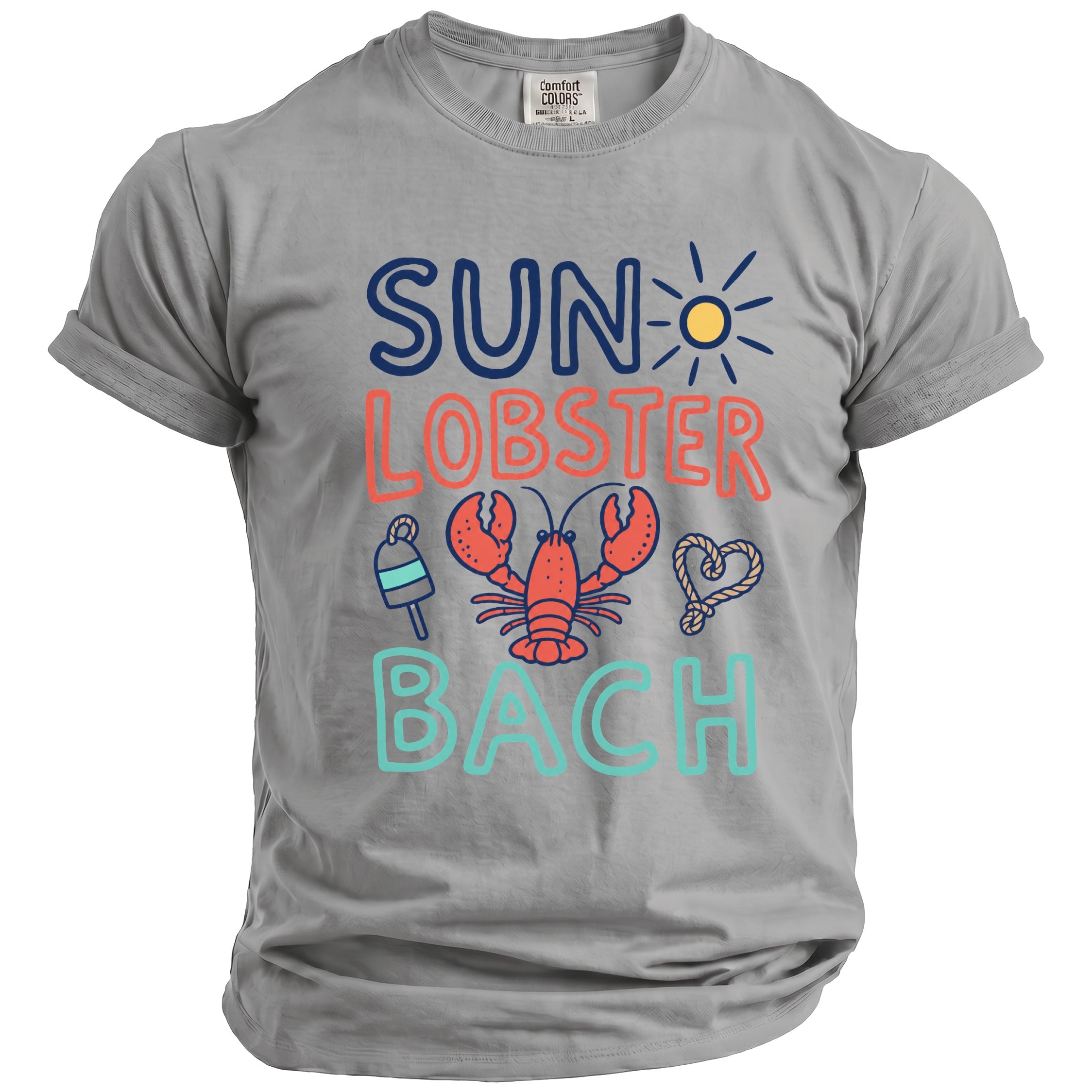 Grey t-shirt with "Sun Lobster Bach" text, lobster, buoy, and rope heart graphics.