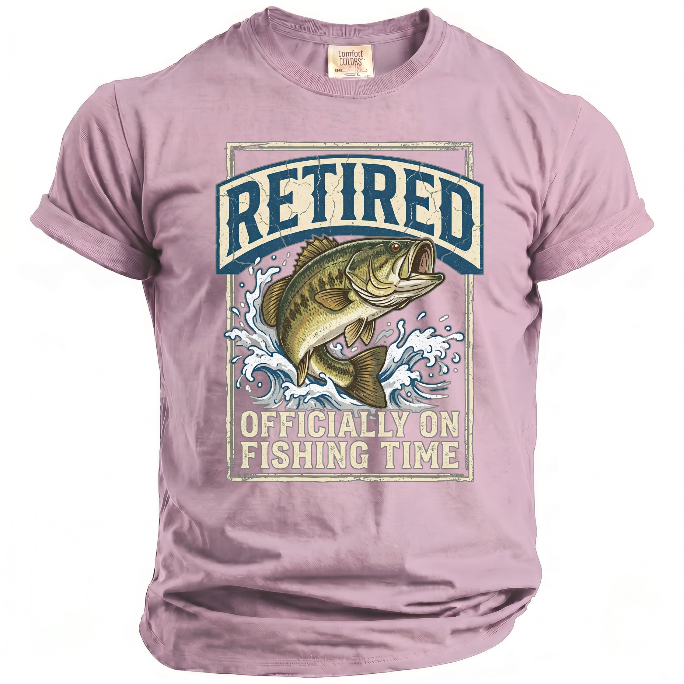 Pink t-shirt with a bass jumping from water, text "RETIRED" and "OFFICIALLY ON FISHING TIME".