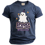 Navy t-shirt with a ghost holding a drink, "Spooky Booze Crew" and "Tyler's Bachelor Bash."