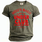 Olive green t-shirt with red text: Mike's Bach Under Club Management, LA, CA, Summer 2026.