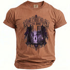Brown t-shirt with "Some Curses Follow You Home" text and ornate gate graphic.