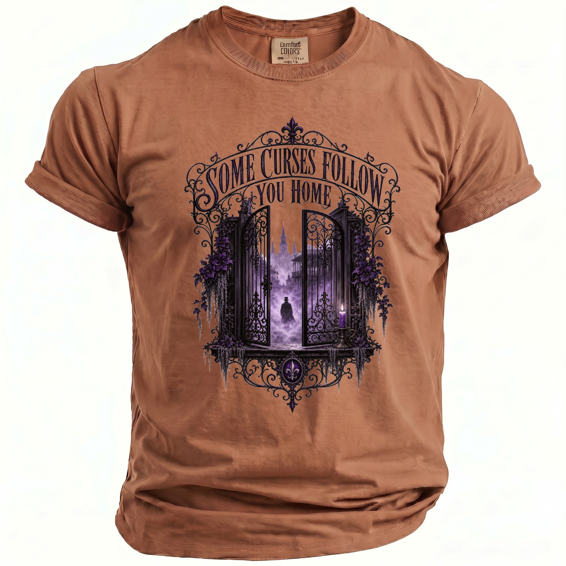 Brown t-shirt with "Some Curses Follow You Home" text and ornate gate graphic.