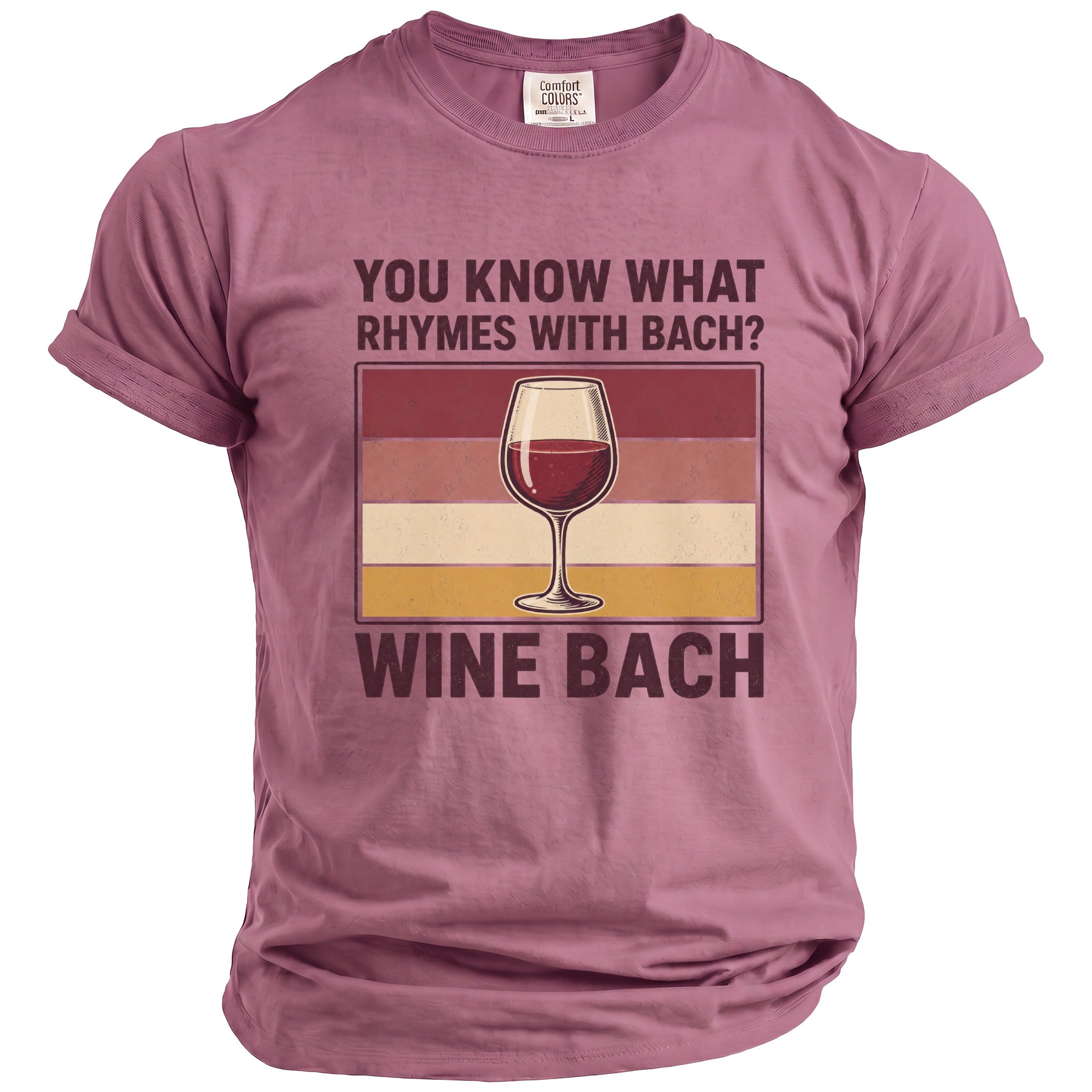 Rose t-shirt with text and wine glass graphic.