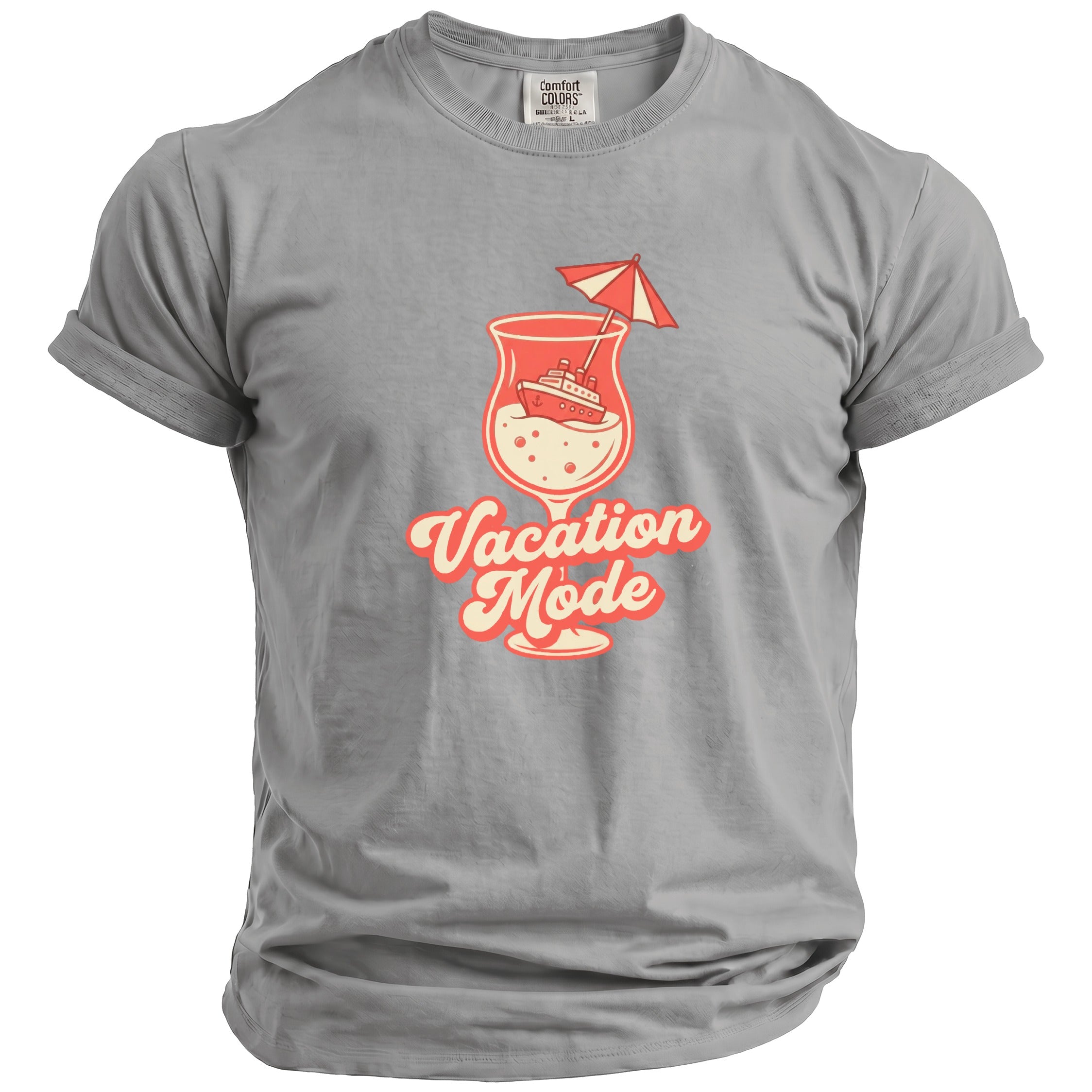 Grey t-shirt with "Vacation Mode" text and a cruise ship in a cocktail glass.
