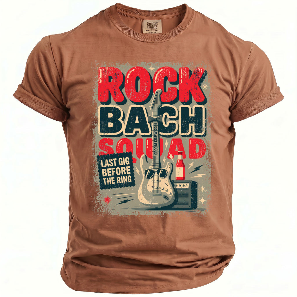 Brown t-shirt with "ROCK BACH SQUAD" text, guitar, sunglasses, and bottle.
