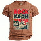 Brown t-shirt with "ROCK BACH SQUAD" text, guitar, sunglasses, and bottle.