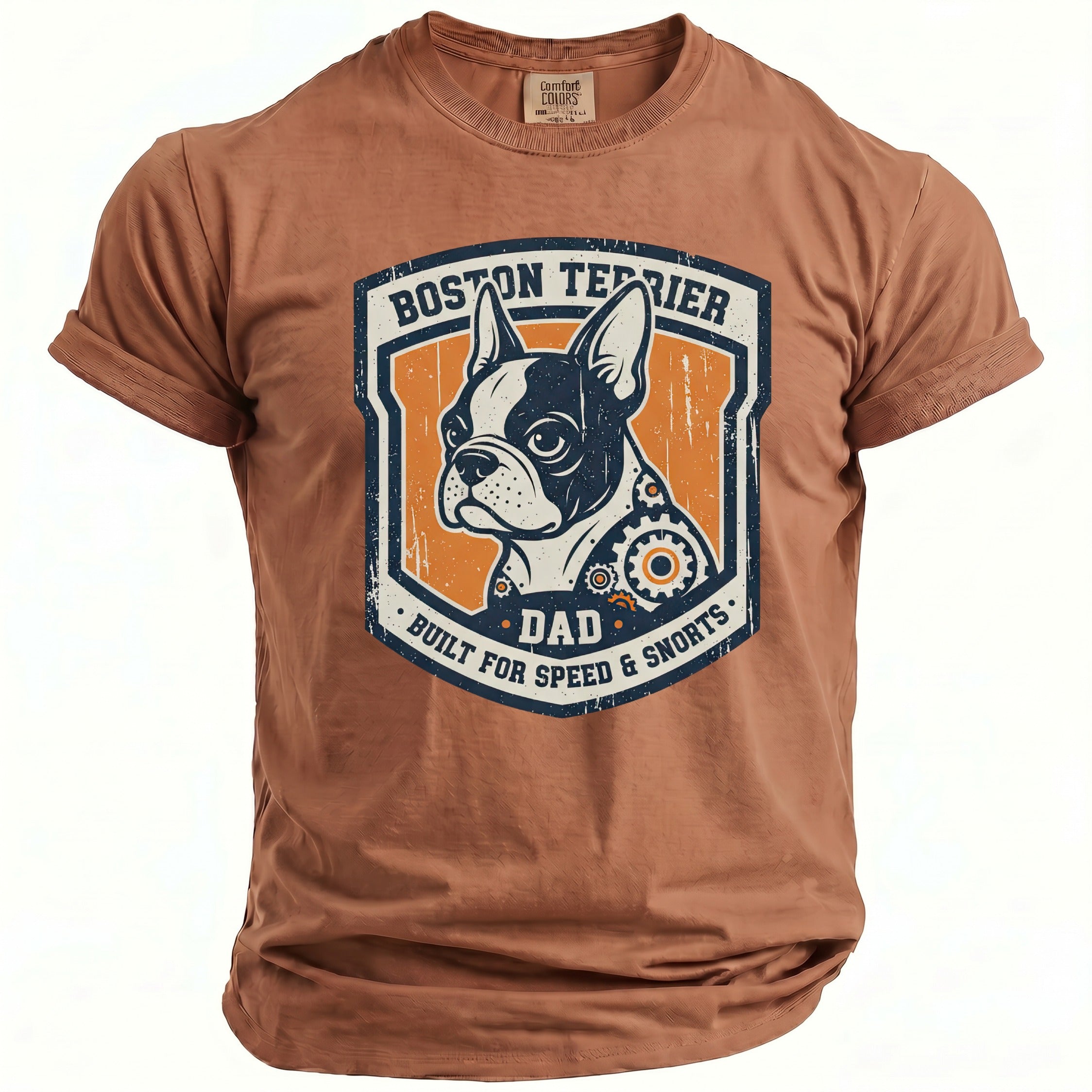 Brown t-shirt with Boston Terrier Dad graphic featuring gears, speed, and snorts.