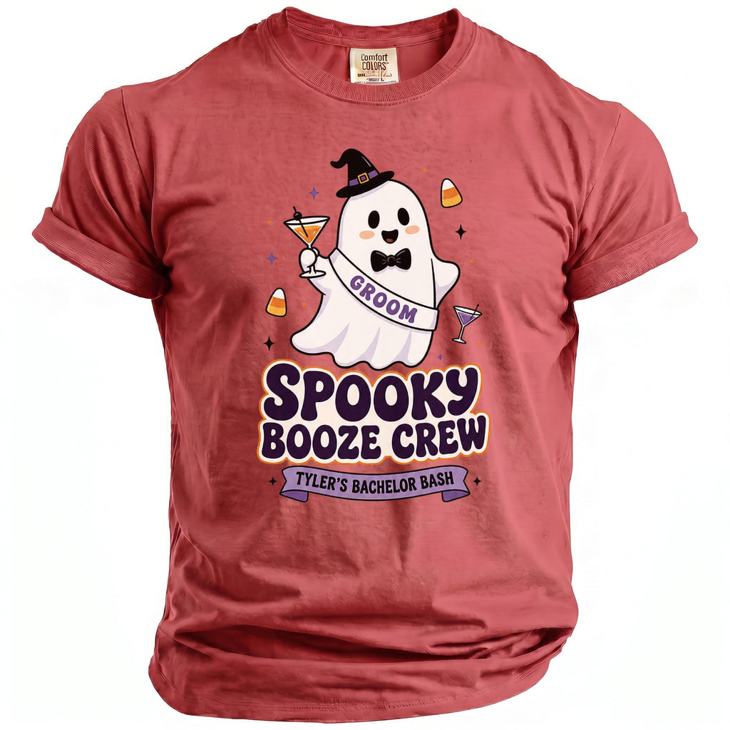 Ghost wearing witch hat and "Groom" sash on t-shirt with "Spooky Booze Crew Tyler's Bachelor Bash."