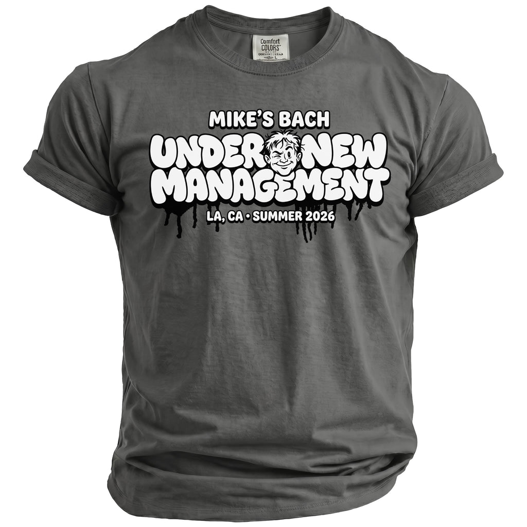 Grey t-shirt with "Mike's Bach Under New Management" graphic and LA, CA Summer 2026.