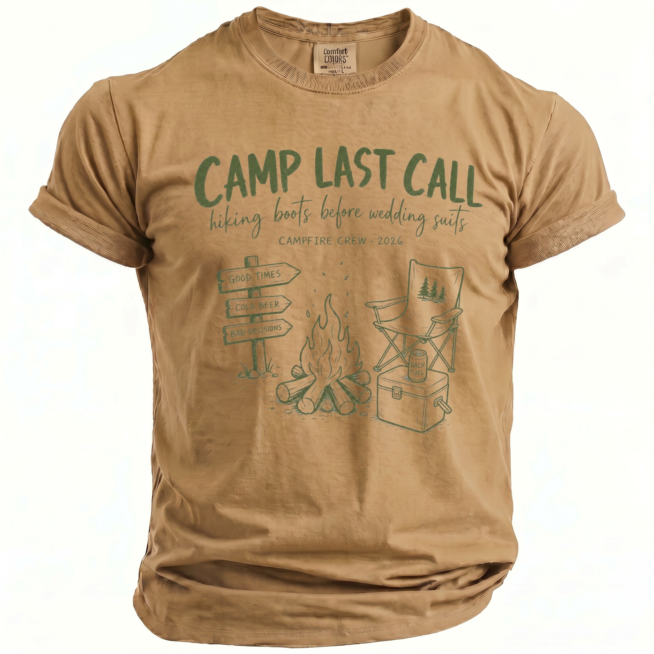 Tan t-shirt with "CAMP LAST CALL hiking boots before wedding suits" graphic.