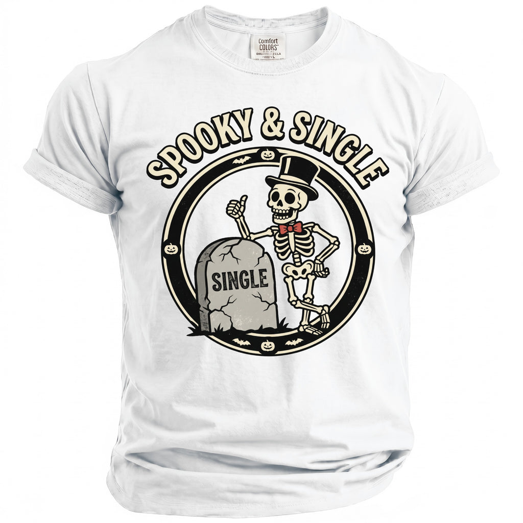 White t-shirt with skeleton figure and tombstone graphic saying "Spooky & Single".