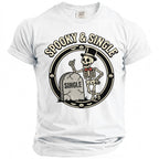 White t-shirt with skeleton figure and tombstone graphic saying "Spooky & Single".