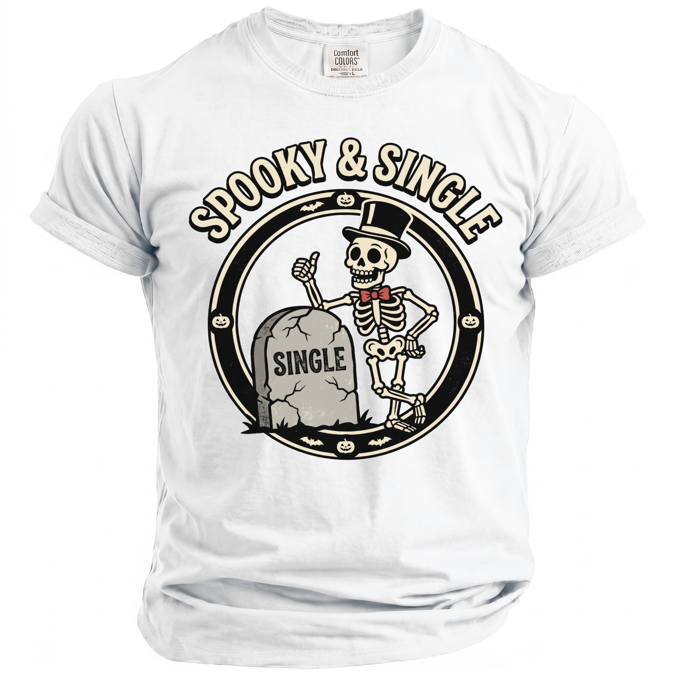 White t-shirt with skeleton figure and tombstone graphic saying "Spooky & Single".