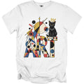 Black cat with gold crown sits on abstract colorful "ART" letters.