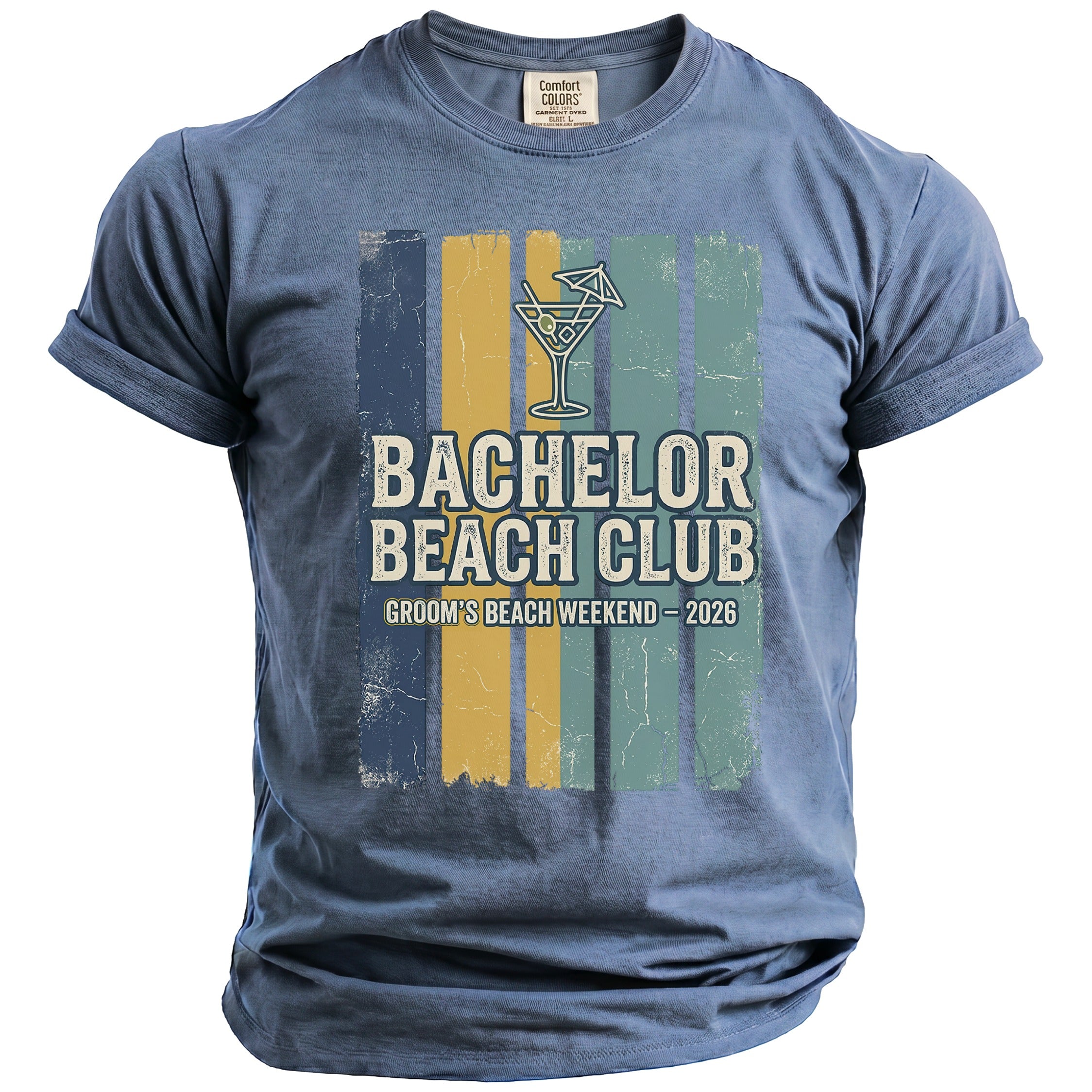Comfort Colors shirt with "Bachelor Beach Club Groom's Beach Weekend - 2026" text.