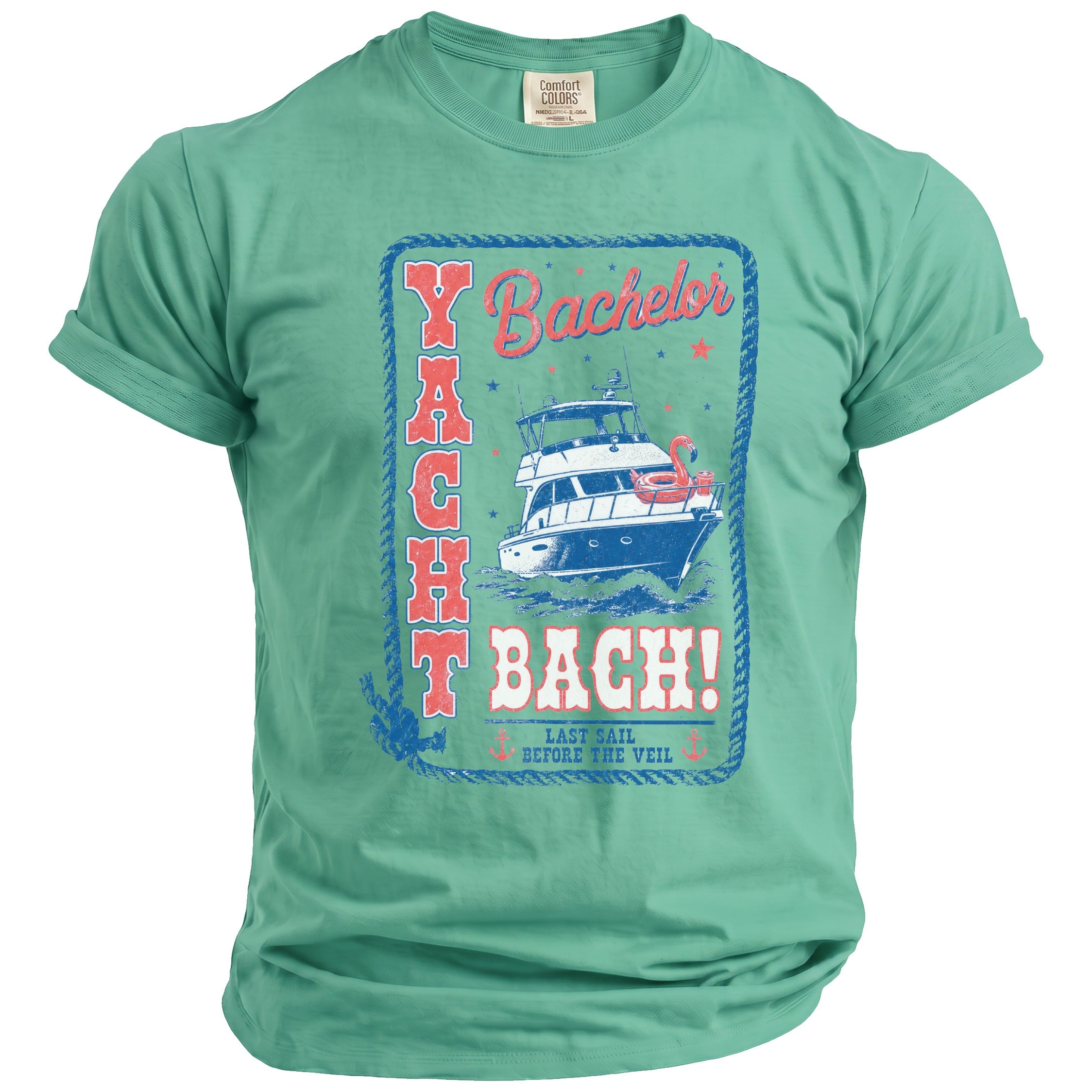 Teal crewneck t-shirt with a blue and red graphic featuring a yacht and Yacht Bach! text.