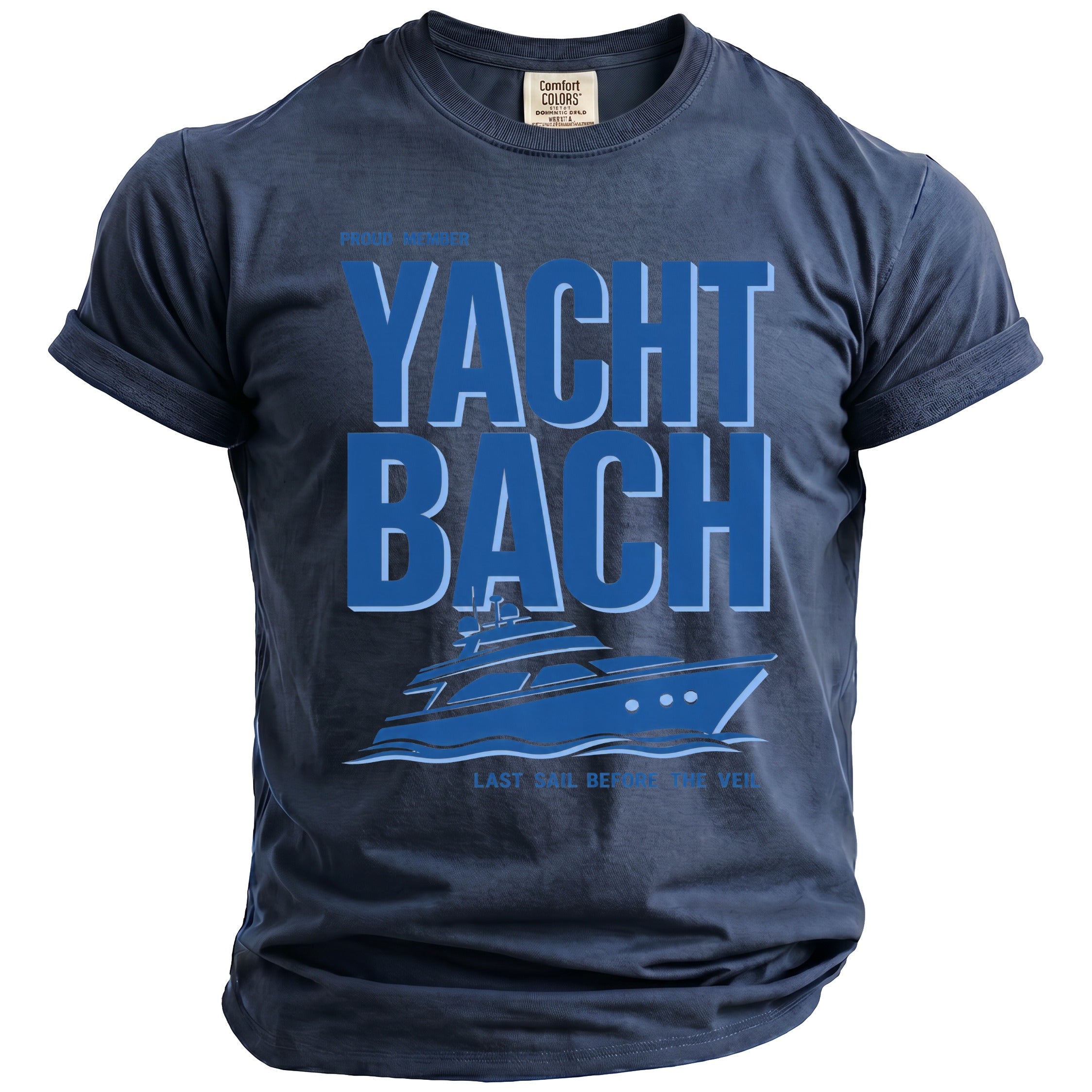 Navy blue t-shirt with "YACHT BACH" and a yacht graphic.