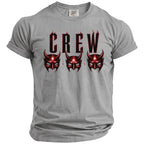 Grey t-shirt with bold red "CREW" text and three red demon masks.