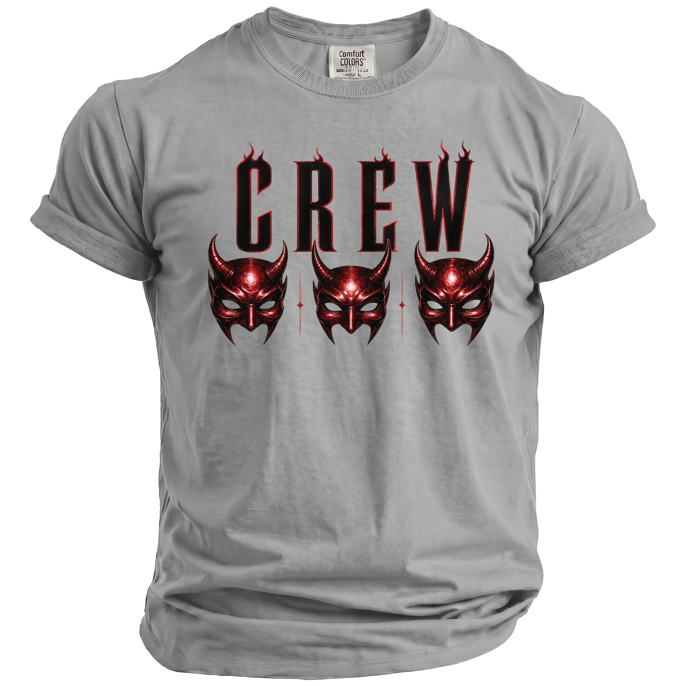 Grey t-shirt with bold red "CREW" text and three red demon masks.